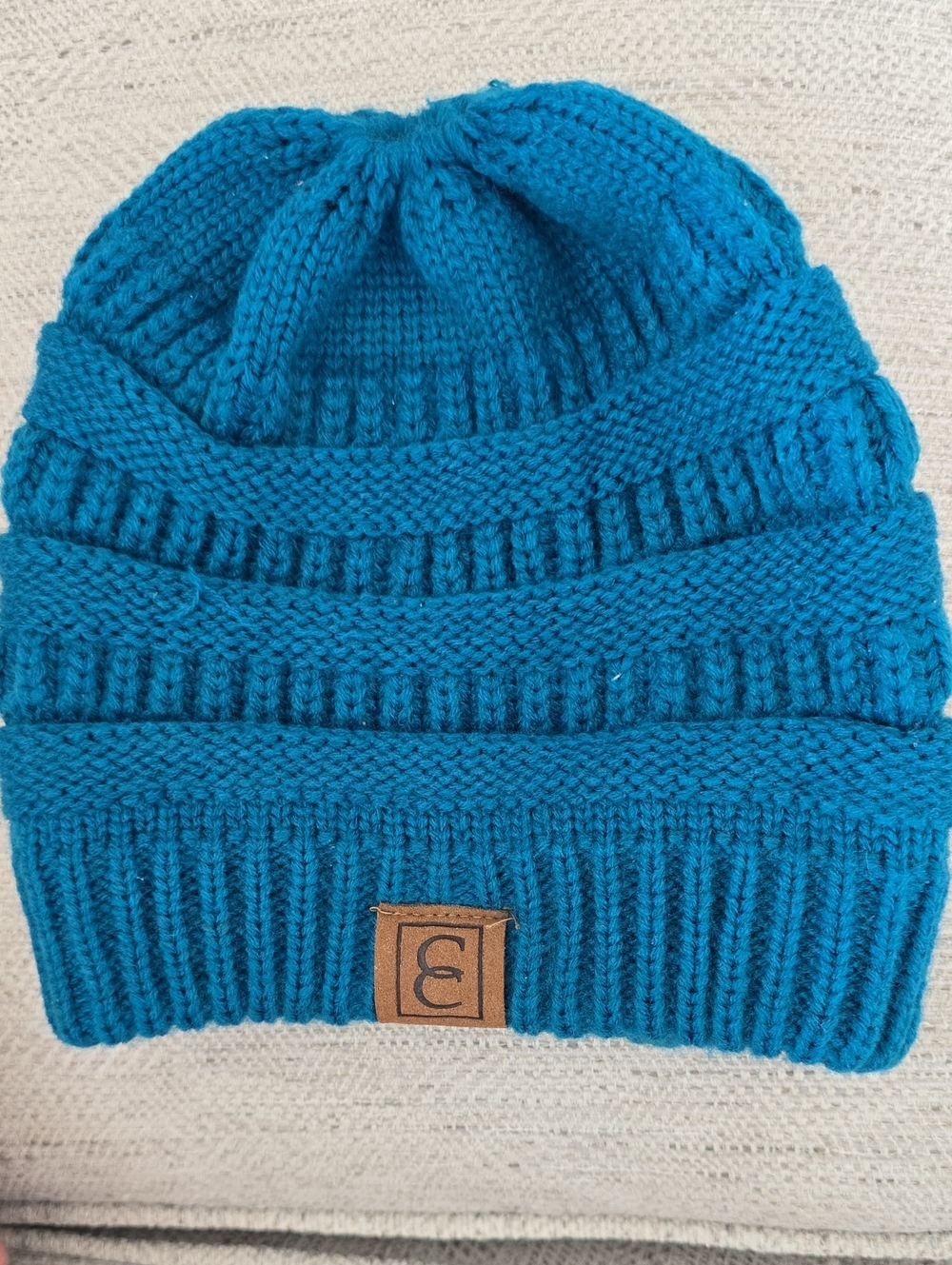C.C. Ponytail Messy Bun Knit Beanie Hat Teal Blue One Size